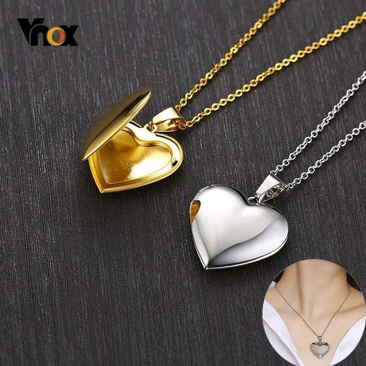Vnox Light Heart Locket Pendants for Women Men Openable Photo Frame Glossy Stainless Steel Necklaces Family Love Collar - Giftcare 