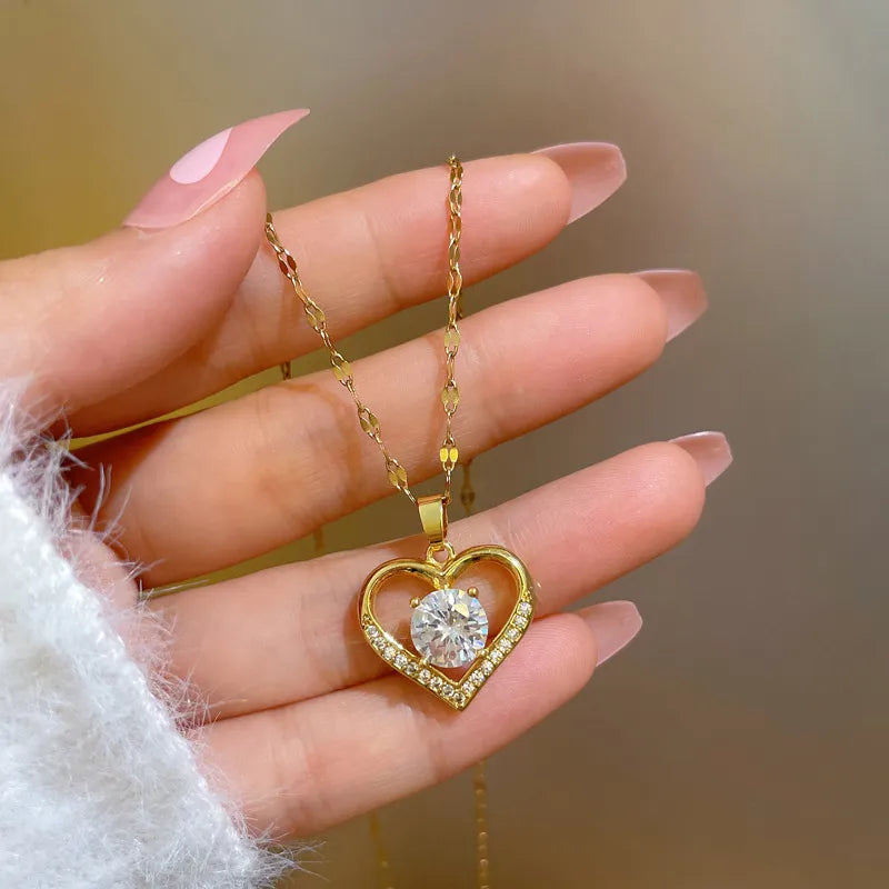 Artificial gems heart Pendant Necklaces for women Golden not fade color Titanium Stainless steel Neck Chain Girl female Jewelry - Giftcare 