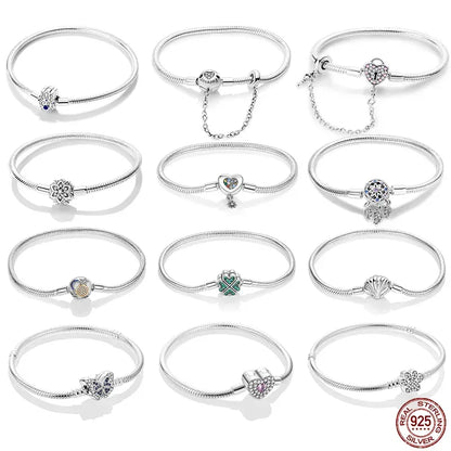 925 Sterling Silver Bracelet Moments Sparkling Heart Clasp Snake Chain Bracelet for Women DIY Charms Beads Jewelry Gifts