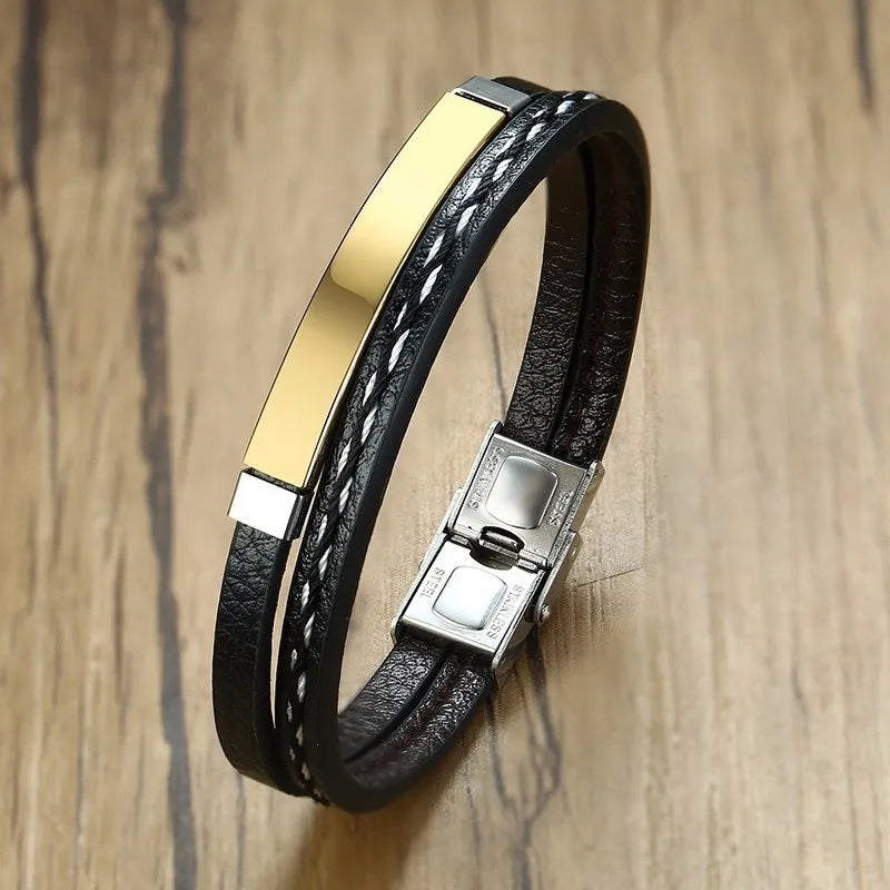 Delysia King 2021 Trendy Men Leatherwear Weave Bracelet Leisure Color Contrast Stainless Steel Bangle - Giftcare 