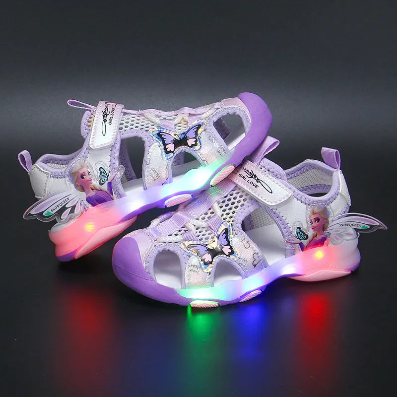 Disney Girls' Sandals Lights Summer Style Children's Anti-skid Soft Soles Elsa Princess Carton Shoes Pink Purple Size 23-36 - Giftcare 