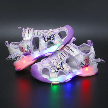 Disney Girls' Sandals Lights Summer Style Children's Anti-skid Soft Soles Elsa Princess Carton Shoes Pink Purple Size 23-36 - Giftcare 