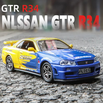 1:32 Nissan Skyline GTR R34 JDM Racing Car Toy Model Diecast Metal GT-R Spoon Sport Miniature Collection Sound Light Pull Back