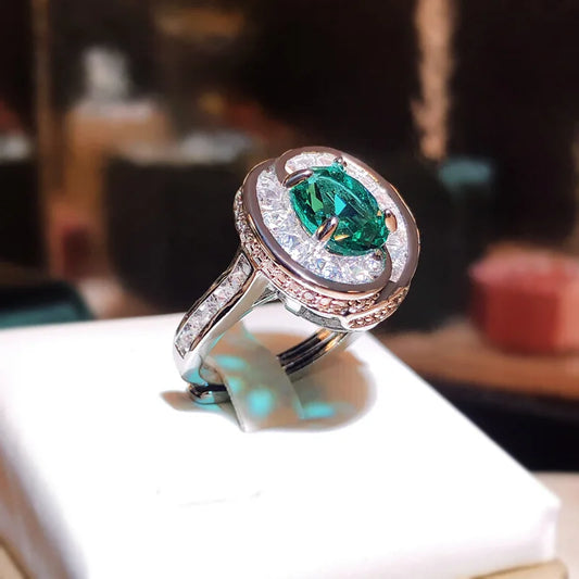 Round Emerald Stone Rings for Women Vintage Colorful 925 Sterling Silver Finger Ring Open Adjustable Jewelry Gift Bague Femme