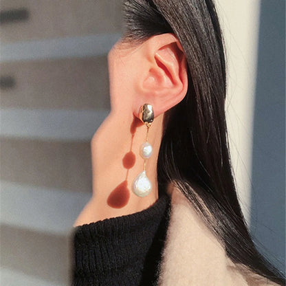 New Elegant Asymmetric Earring Freshwater Pearl Metallic Exaggerated Long Stud Earring