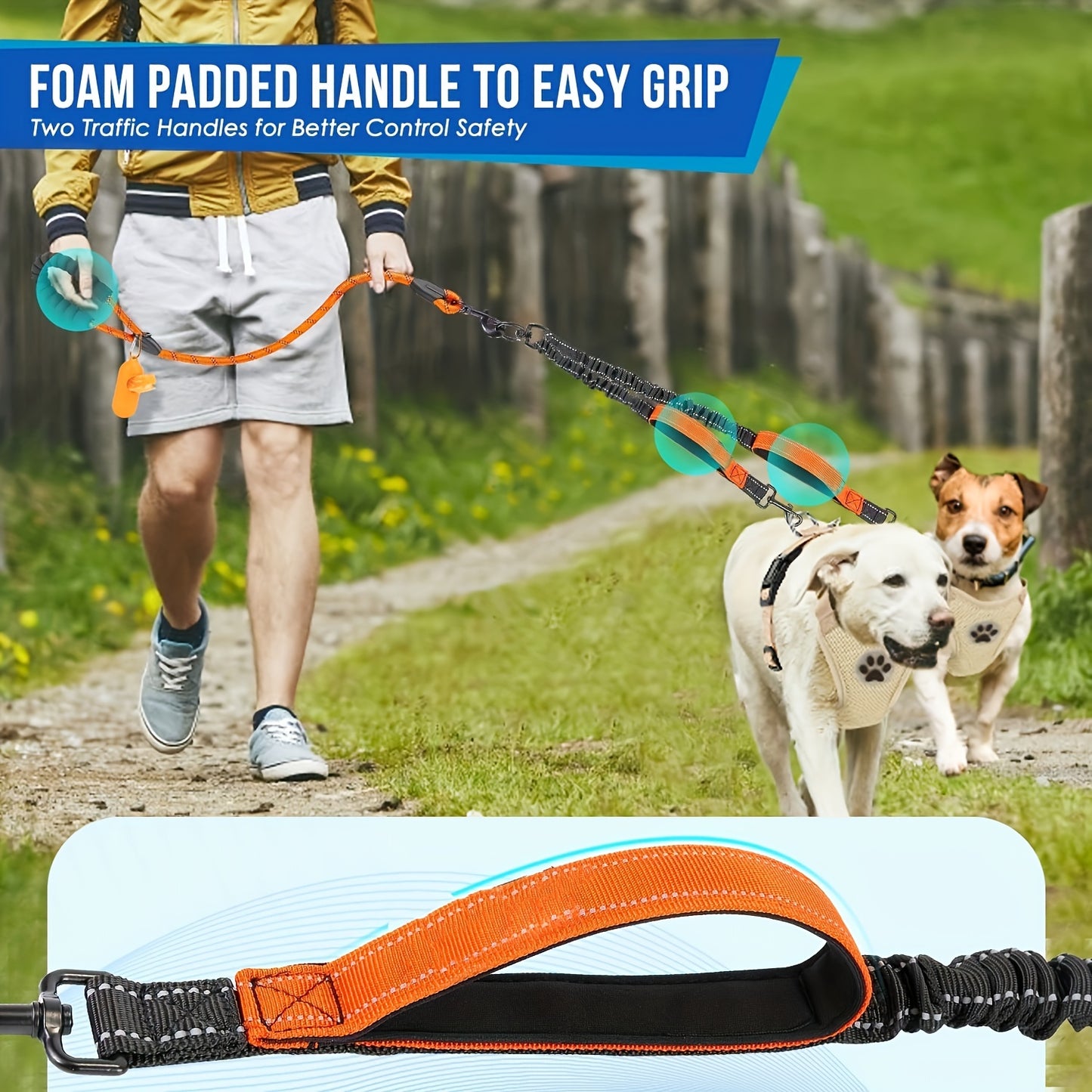 Reflective Dual Dog Leash - Tangle-Free 360° Swivel Leash for Large Dogs with Two Handles and Shock Absorbing Technology for Walking and Training