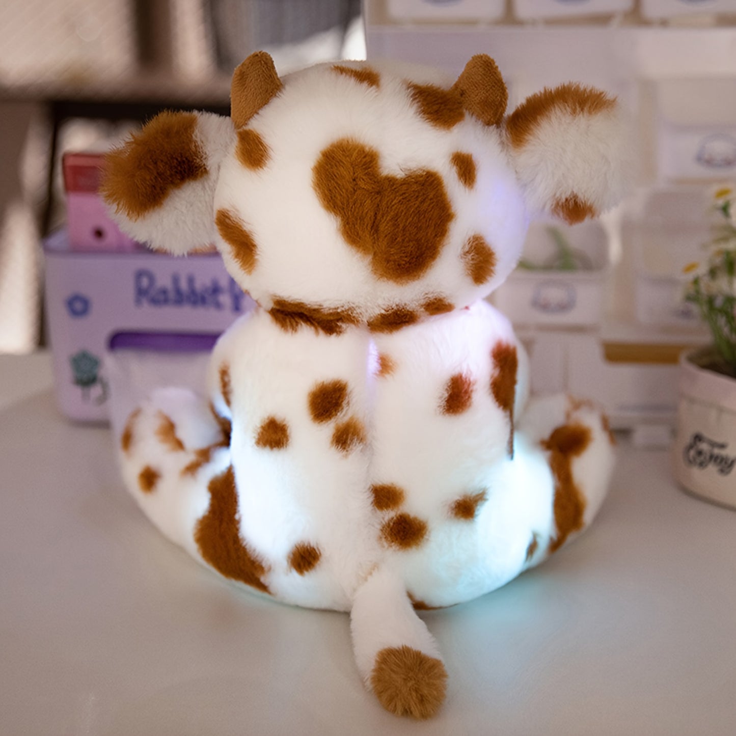 [Akkun LED Cow Plush] Adorable Akkun LED Cow Plush Night Light - Soft Glow-in-the-Dark Polyester Blend Stuffed Animal - Perfect for Youngsters' Rooms & Birthday Gifts, White