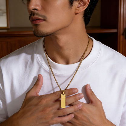 18k Gold Stainless Steel Engraved Three-dimensional Rectangular Bar Pendant Necklace