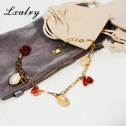 Lxairy 18K Gold Plated Shell & Red Energy Stone Anklet -Summer Beach Style Waterproof Foot Chain For Women -Hypoallergenic, Fade-Resistant, Boho Jewelry Gift
