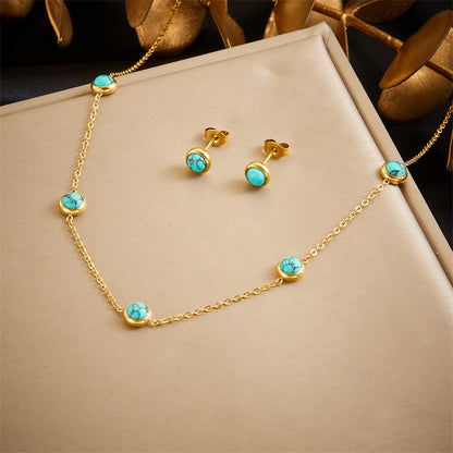 Round Turquoise Accessory Chain Earrings Stainless Steel Set