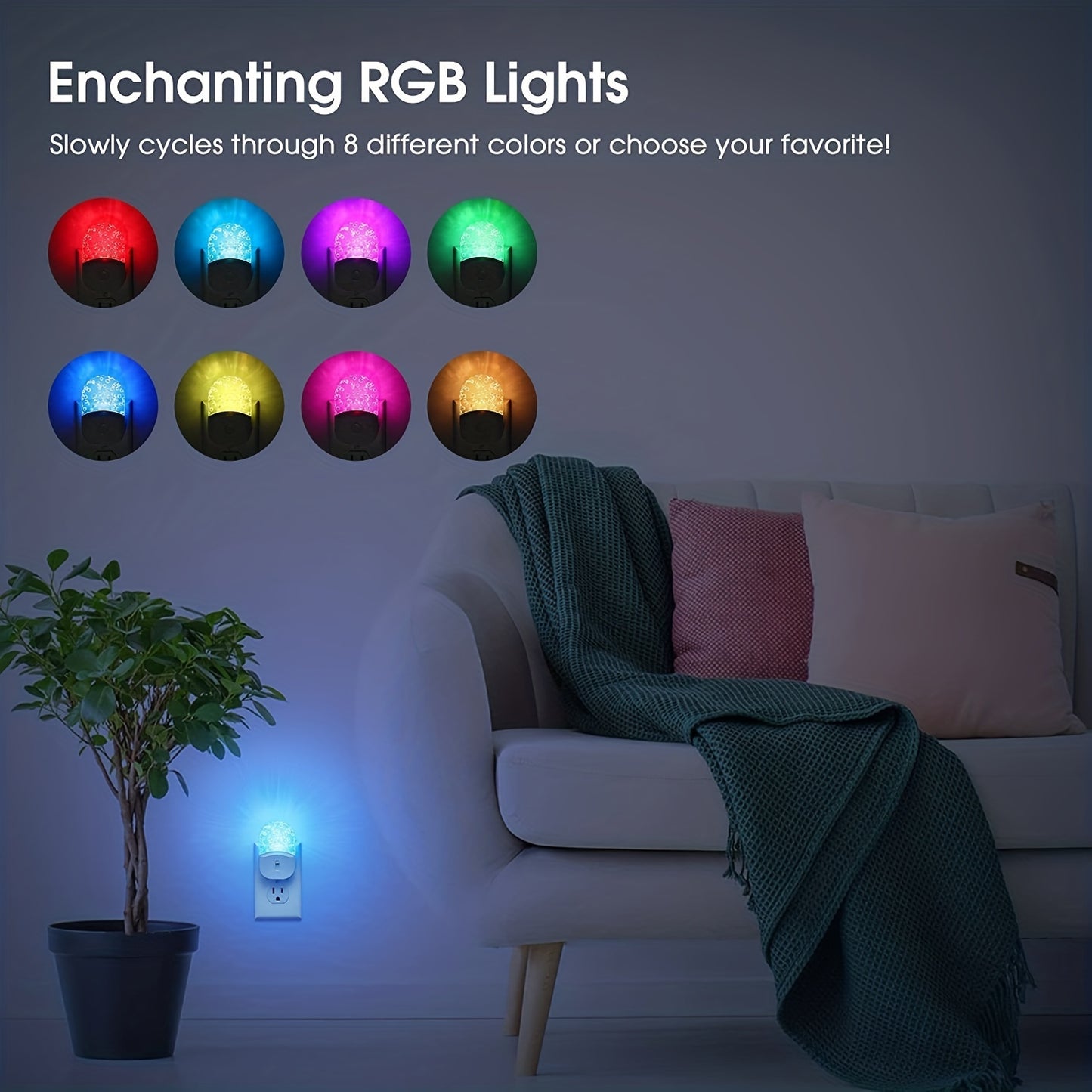 2pcs Night Lights Plug Into Wall, LED Night Light, 8-Color Changing RGB Night Light With Dusk To Dawn Sensor, RGB Mode Nightlight Christmas Gifts