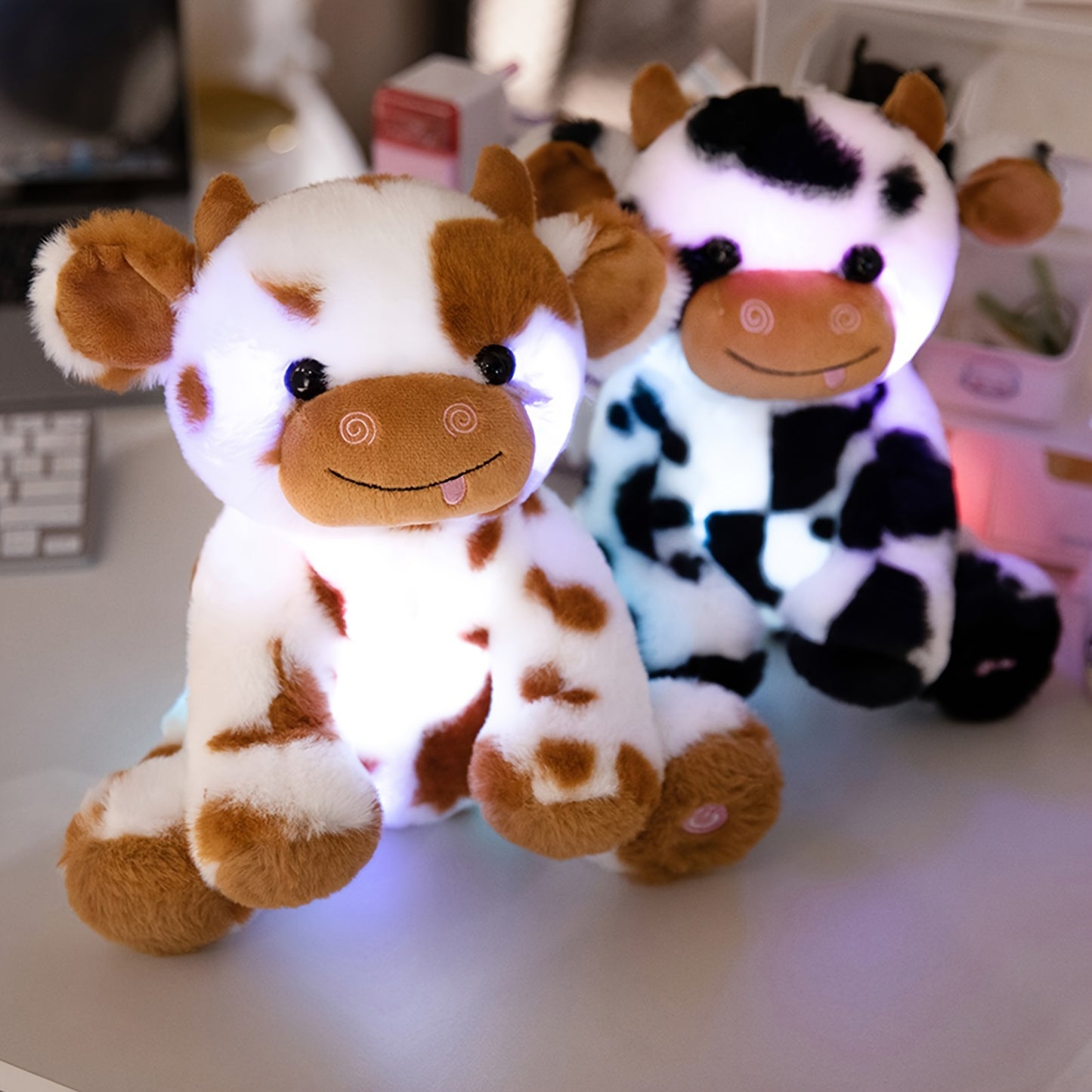 [Akkun LED Cow Plush] Adorable Akkun LED Cow Plush Night Light - Soft Glow-in-the-Dark Polyester Blend Stuffed Animal - Perfect for Youngsters' Rooms & Birthday Gifts, White