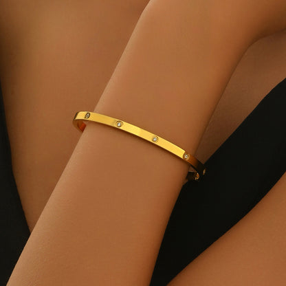 Lxalry 18K Gold Plated Stainless Steel Minimalist Bracelet Hypoallergenic Circle Rhinestone Jewelry  Secure Inlay Tarnish Free Design Skin Safe Luxury Gift For Her Golden Hour Glow, Everyday Wear A