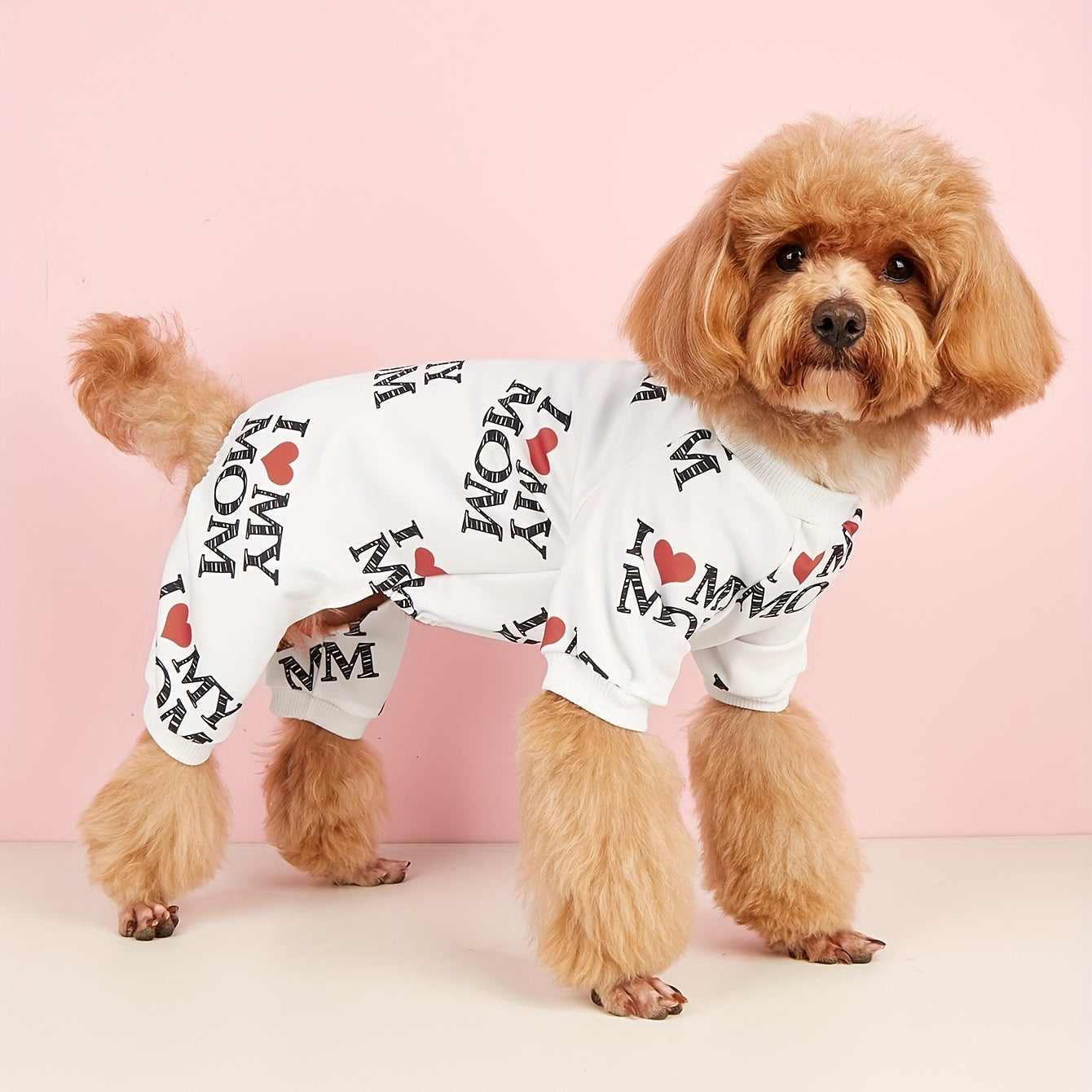 I Love My Mom" Print Pet Shirt for Dogs & Cats - Lightweight Summer Apparel, White with Black Lettering & Red Hearts, Soft Polyester Fabric, Perfect for Warm Weather