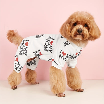 I Love My Mom" Print Pet Shirt for Dogs & Cats - Lightweight Summer Apparel, White with Black Lettering & Red Hearts, Soft Polyester Fabric, Perfect for Warm Weather