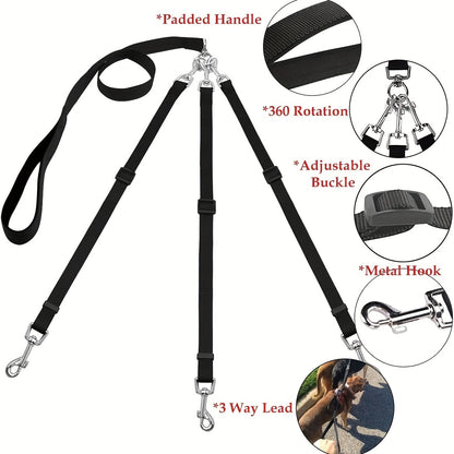 Heavy-Duty Dog Harness System with 3-Directional Control - 3-Way Dog Leash with Adjustable Car Seat Belt System - No-Pull 5-Foot Long Leash for Outdoor Walking, Hiking, Car Travel & Camping - Compatible with All Dog Sizes (Bl