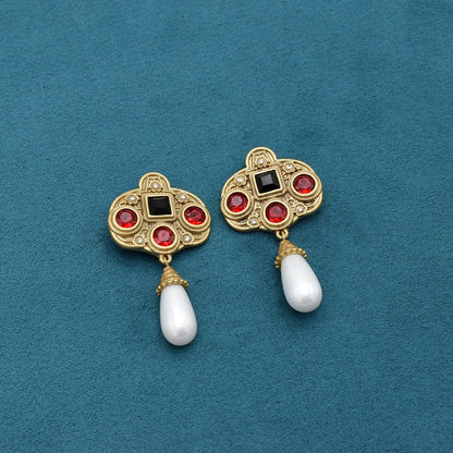 Vintage Glass Inlaid Tassel Pearl Necklace Ear Stud