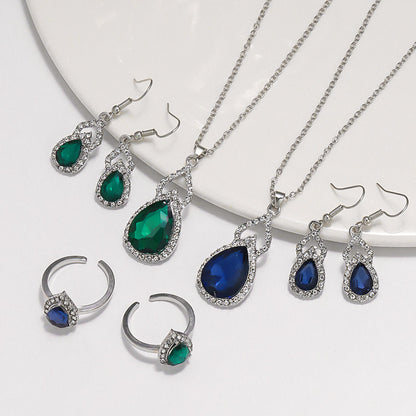 Light Luxury Zircon Necklace Earrings Open Ring Jewelry Suit