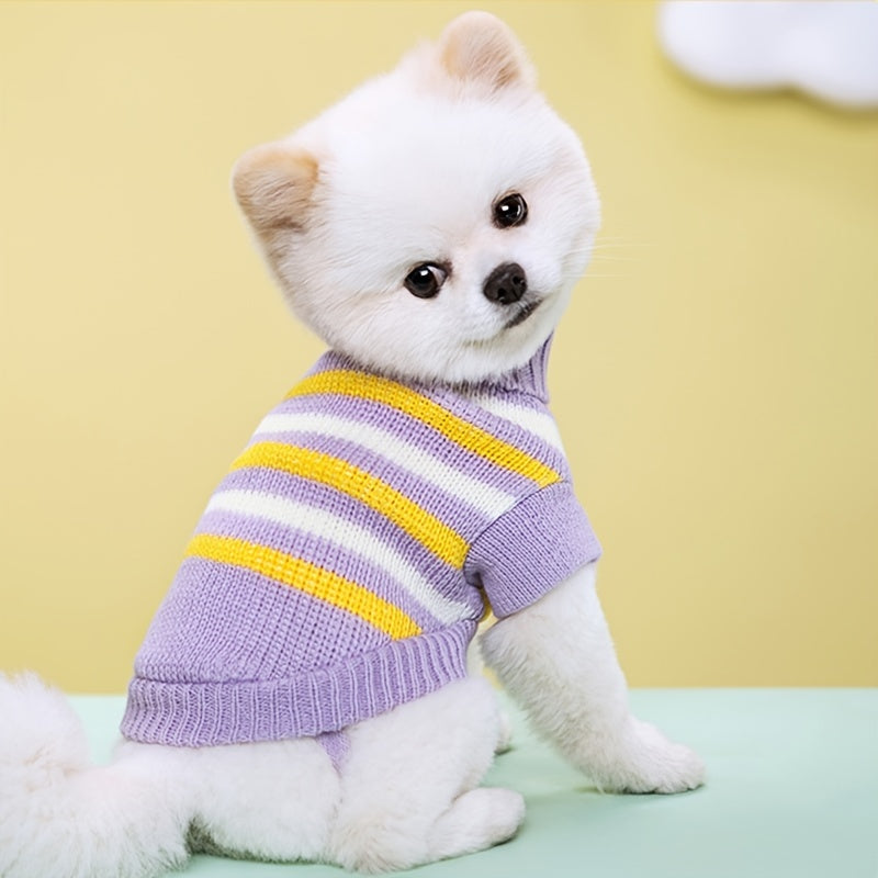 Pet Autumn And Winter Warm Striped Patterned Sweater, Stretchy Two-Legged Collar Sweater for Dogs And Cats.