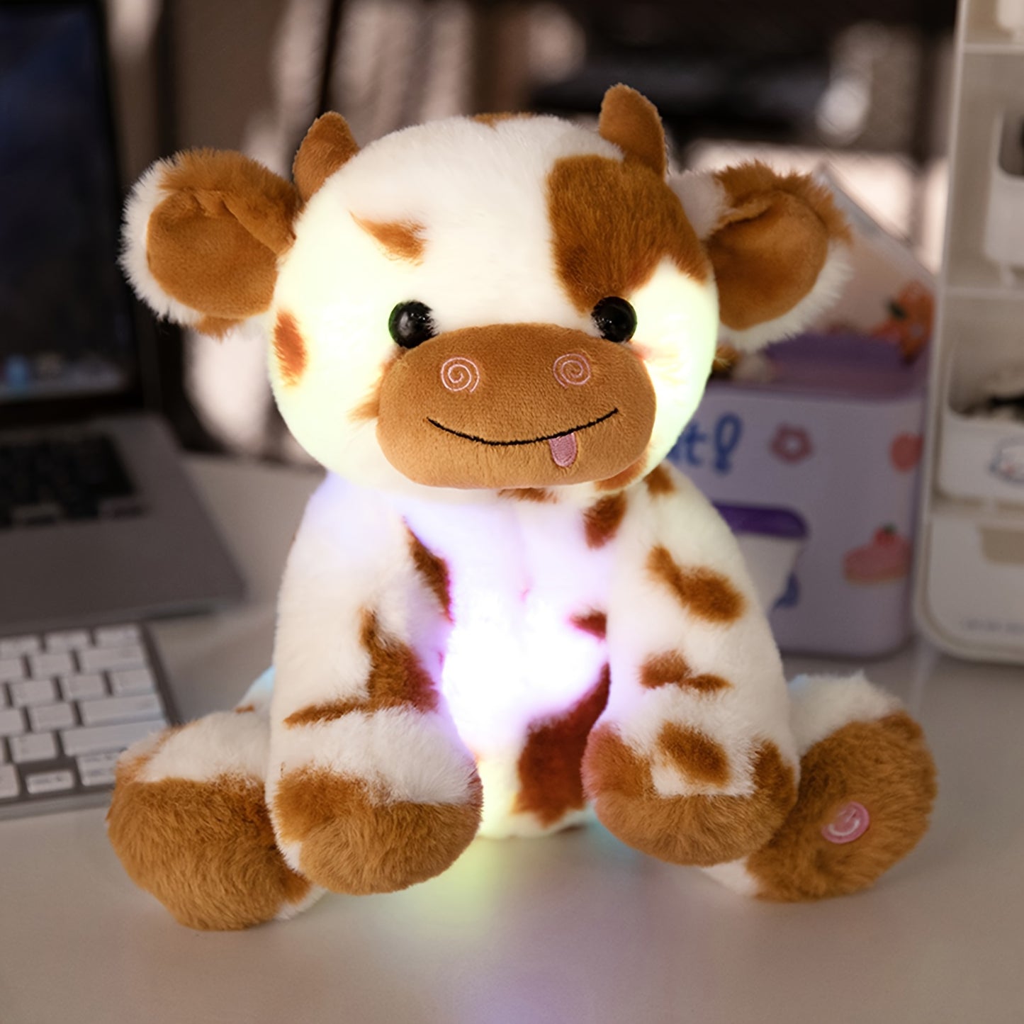 [Akkun LED Cow Plush] Adorable Akkun LED Cow Plush Night Light - Soft Glow-in-the-Dark Polyester Blend Stuffed Animal - Perfect for Youngsters' Rooms & Birthday Gifts, White