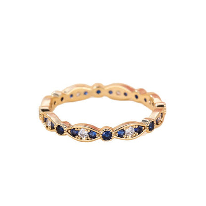 Golden Royal Blue Diamond-Edged White Diamond Light Luxury Women's Ring