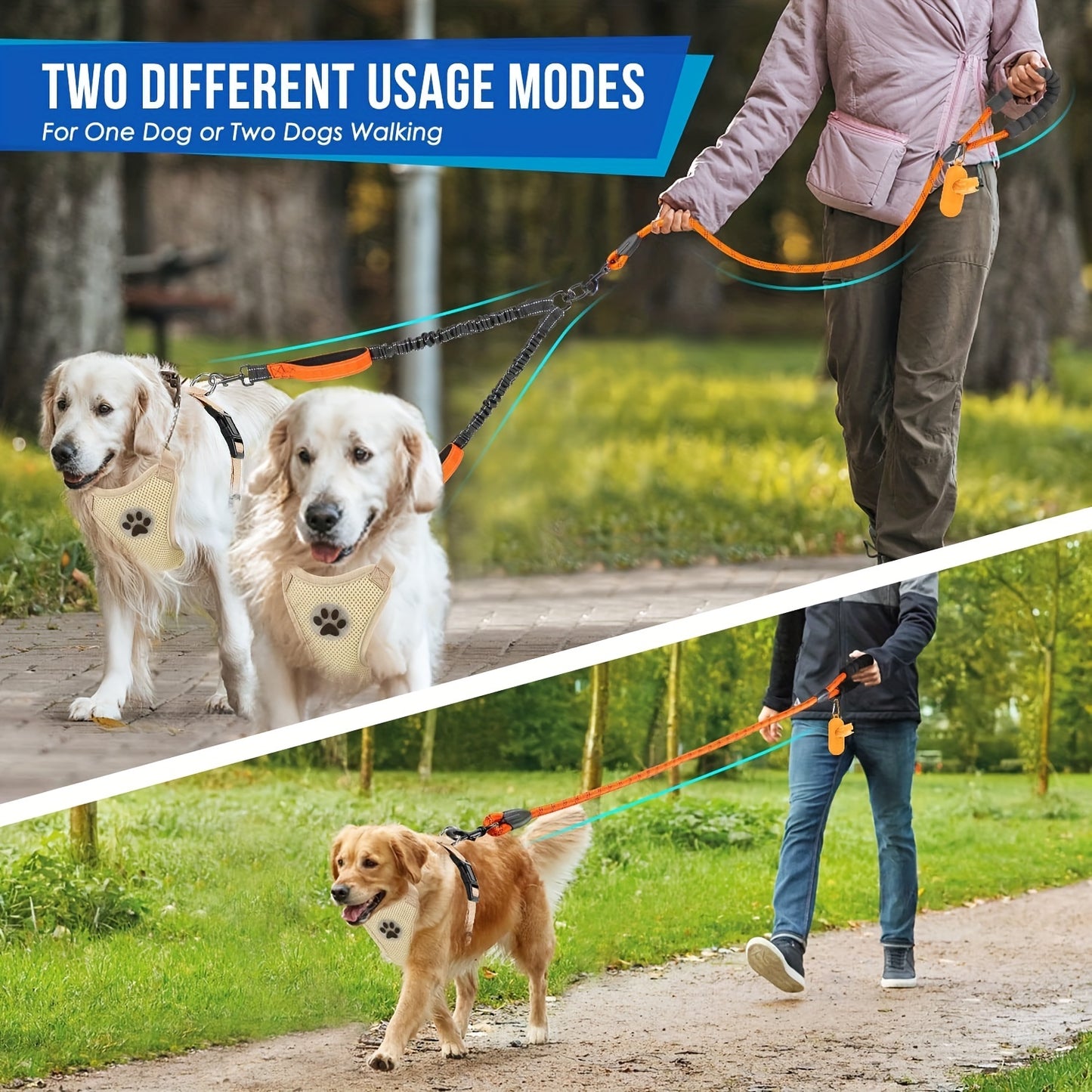 Reflective Dual Dog Leash - Tangle-Free 360° Swivel Leash for Large Dogs with Two Handles and Shock Absorbing Technology for Walking and Training