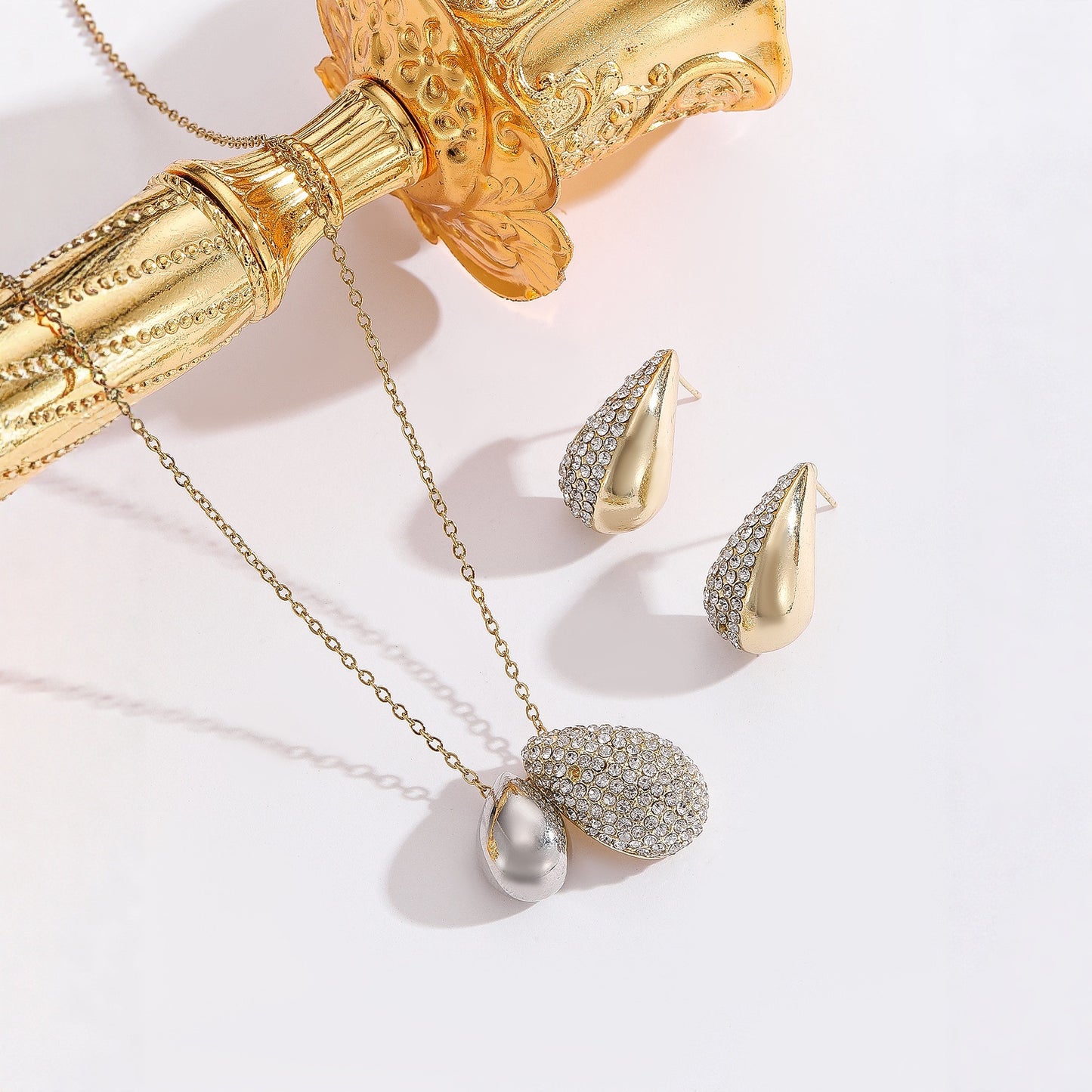 Elliptical Necklace Women's Full Diamond Droplet Shaped Necklace Earring Set