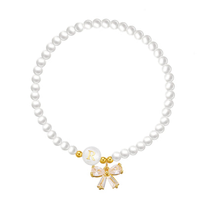 26-Letter Pearl Shell Alphabet Bowknot Beaded Bracelet
