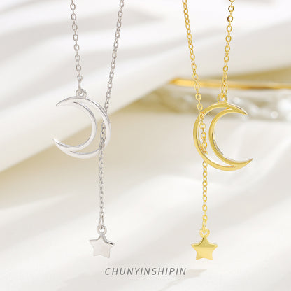 Niche Minimalist 925 Sterling Silver Moon And Star Tassel Necklace