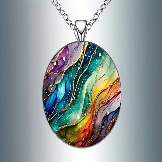 Retro Inspired Ripple Pattern Oval Glass Pendant Necklace for Women - Giftcare Necklace & pendants
