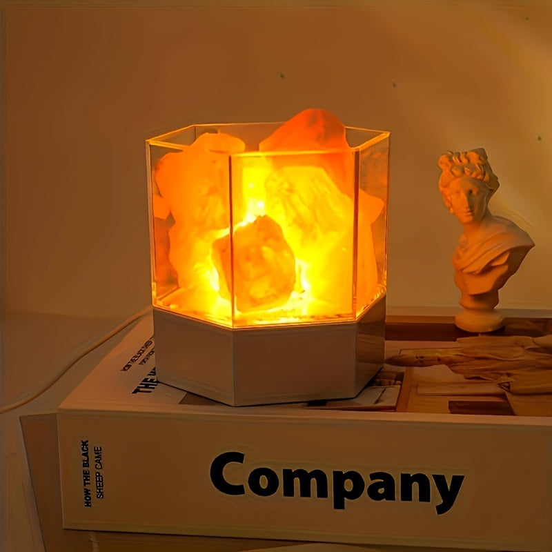 1pc Modern Himalayan Salt LED Night Light - USB-Powered Crystal Lamp with Warm Glow, Decorative Rock Salt Effect for Bedroom, Meditation & Home Ambiance, Includes Wooden Base & Adjustable Brightness, Lamp for Bedroom