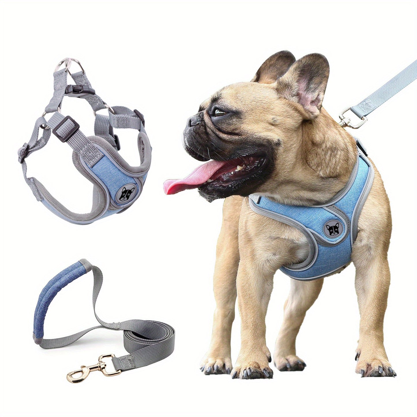 Gray Comfortable Breathable Adjustable Reflective Dog Harness Vest - Polyester, Nighttime Safety Leash Set for Small to Medium Dogs